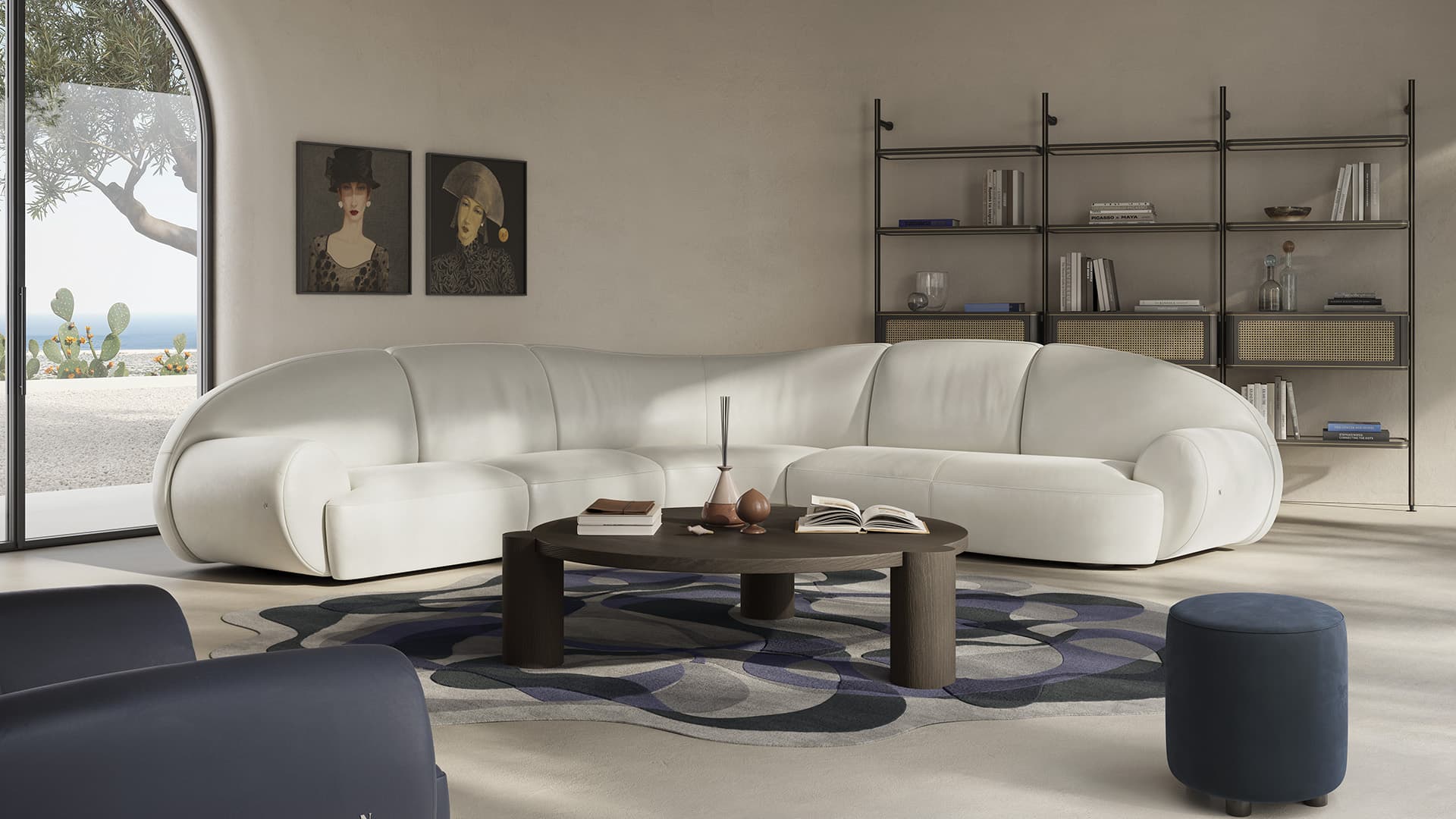 Modern living room with white curved sofa and designer furniture